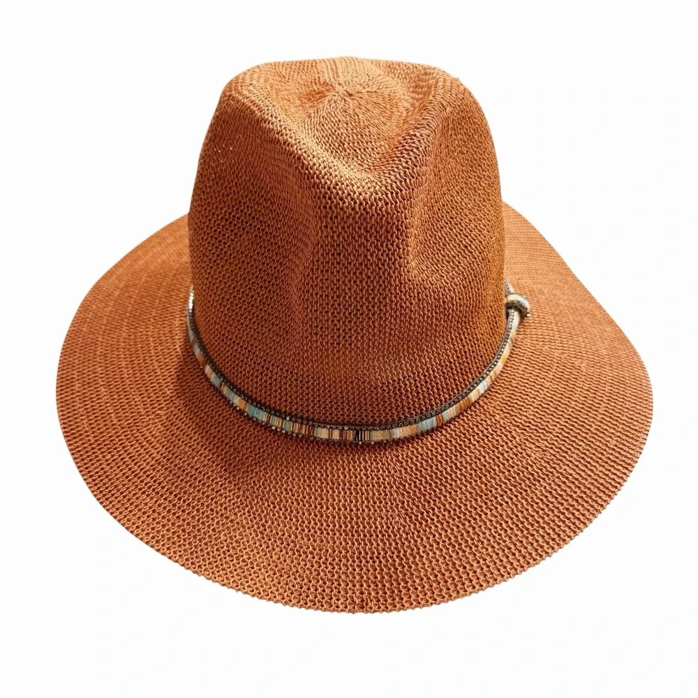 Anthropologie Cali Dream Rust Boho Wide Brim‎ Fedora Hat Beaded Band One Size